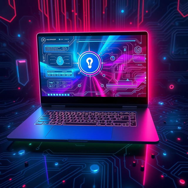 futuristic ultra-tech laptop design featuring a sleek and slim body, illuminated keyboard with customizable colors, high-resolution holographic display with vibrant colors and sharp details, advanced cooling system visible through transparent panels, ultra-thin bezels, and integrated AI assistant interface on screen, surrounded by a tech-inspired background with circuit patterns and glowing elements