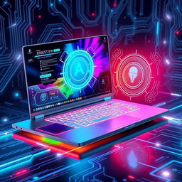 futuristic ultra-tech laptop design featuring a sleek and slim body, illuminated keyboard with customizable colors, high-resolution holographic display with vibrant colors and sharp details, advanced cooling system visible through transparent panels, ultra-thin bezels, and integrated AI assistant interface on screen, surrounded by a tech-inspired background with circuit patterns and glowing elements