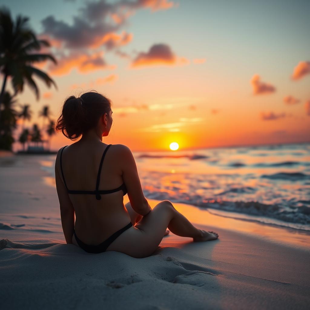 A tranquil beach scene during sunset, depicting a figure sitting in the soft sand, wearing a black bikini and facing away from the viewer