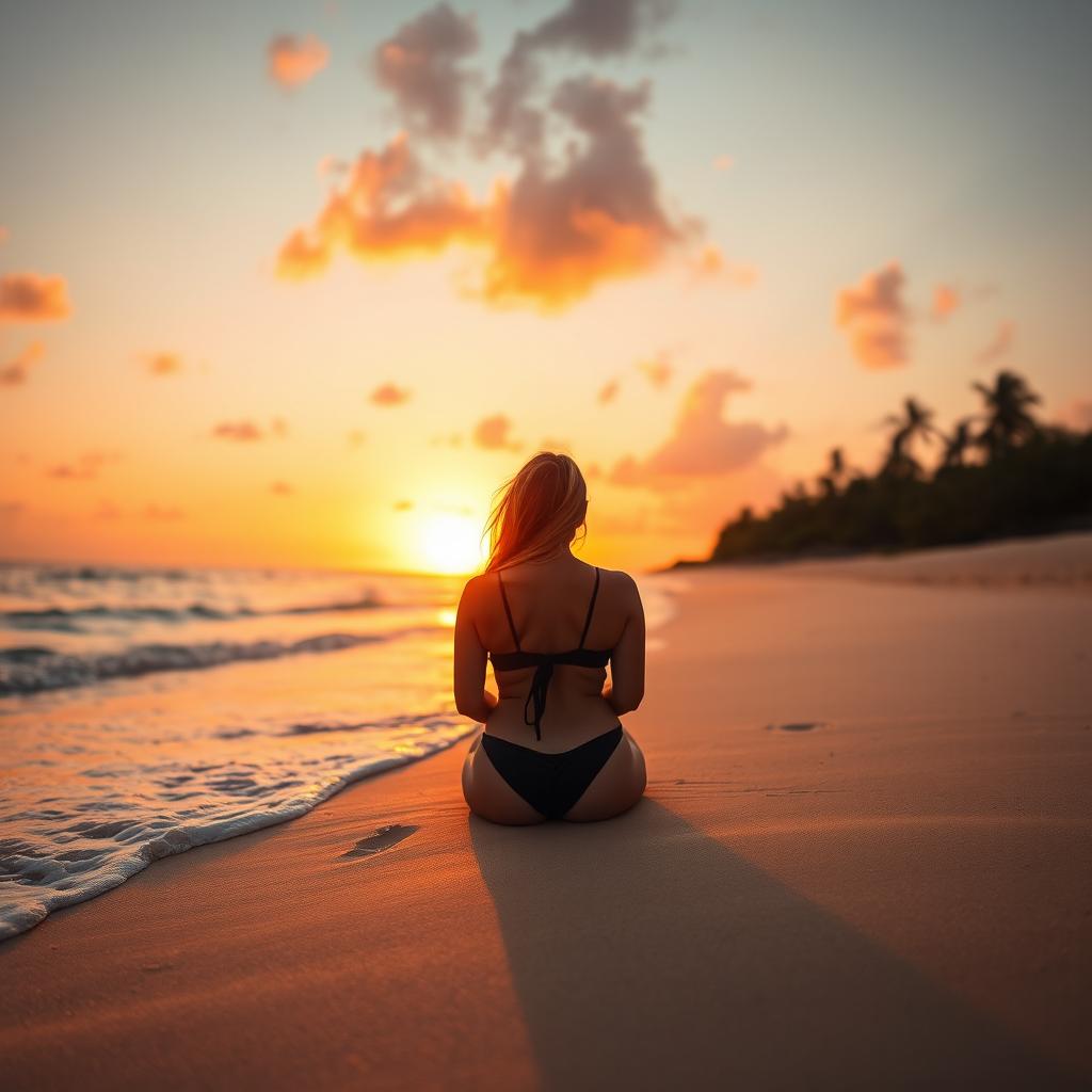 A tranquil beach scene during sunset, depicting a figure sitting in the soft sand, wearing a black bikini and facing away from the viewer