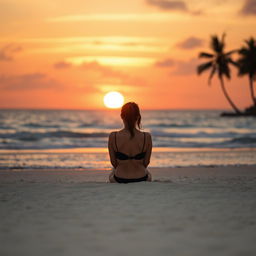 A tranquil beach scene during sunset, depicting a figure sitting in the soft sand, wearing a black bikini and facing away from the viewer