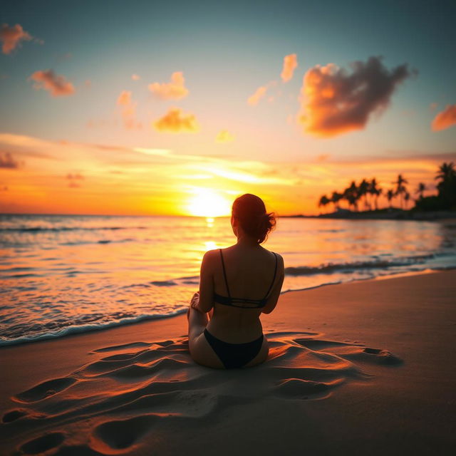 A tranquil beach scene during sunset, depicting a figure sitting in the soft sand, wearing a black bikini and facing away from the viewer