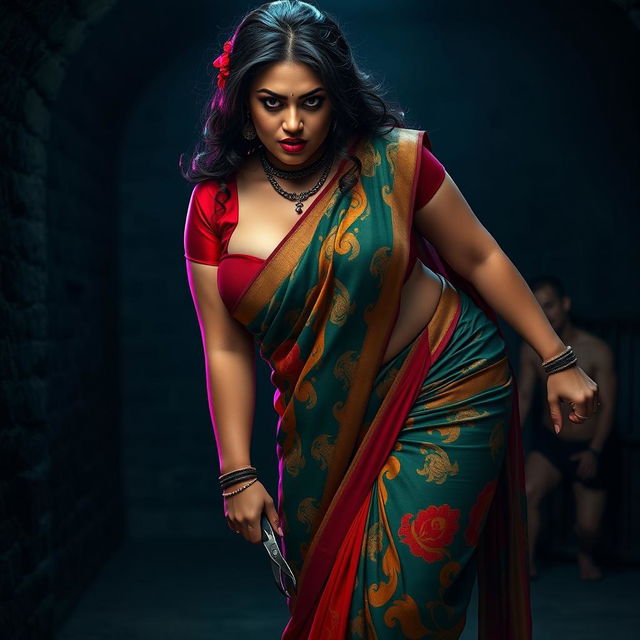 A sensual, hot, busty MILF aunty dressed in a vibrant saree paired with a low cut blouse, bent forward in a powerful and assertive pose