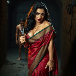 A sensual, hot, busty MILF aunty dressed in a vibrant saree paired with a low cut blouse, bent forward in a powerful and assertive pose