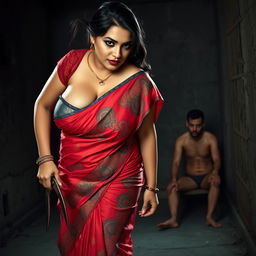 A sensual, hot, busty MILF aunty dressed in a vibrant saree paired with a low cut blouse, bent forward in a powerful and assertive pose