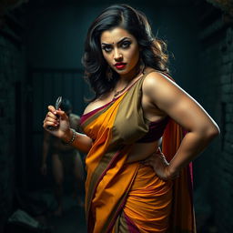 A sensual, hot, busty MILF aunty dressed in a vibrant saree paired with a low cut blouse, bent forward in a powerful and assertive pose