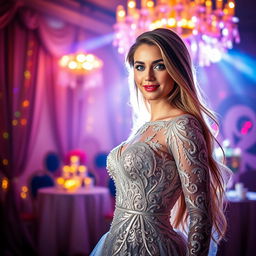 A stunning portrait of a beautiful woman with long flowing hair, dressed in a luxurious, sparkling gown that reflects the light in a dazzling way