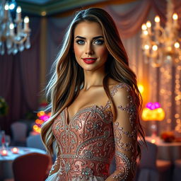 A stunning portrait of a beautiful woman with long flowing hair, dressed in a luxurious, sparkling gown that reflects the light in a dazzling way