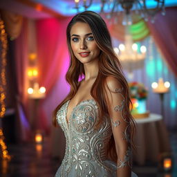 A stunning portrait of a beautiful woman with long flowing hair, dressed in a luxurious, sparkling gown that reflects the light in a dazzling way