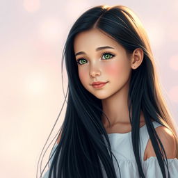 A portrait of a girl with long, flowing black hair, gazing thoughtfully into the distance