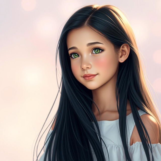 A portrait of a girl with long, flowing black hair, gazing thoughtfully into the distance