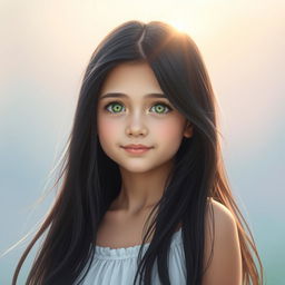 A portrait of a girl with long, flowing black hair, gazing thoughtfully into the distance