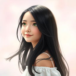 A portrait of a girl with long, flowing black hair, gazing thoughtfully into the distance