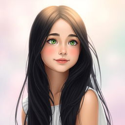 A portrait of a girl with long, flowing black hair, gazing thoughtfully into the distance