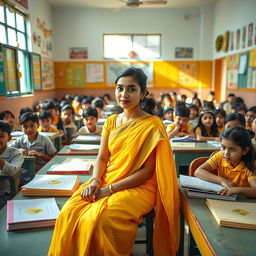 A school girl sitting in a classroom, elegantly wearing a yellow saree, exuding confidence and grace