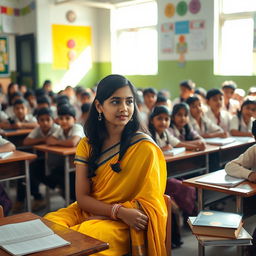 A school girl sitting in a classroom, elegantly wearing a yellow saree, exuding confidence and grace