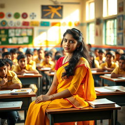 A school girl sitting in a classroom, elegantly wearing a yellow saree, exuding confidence and grace