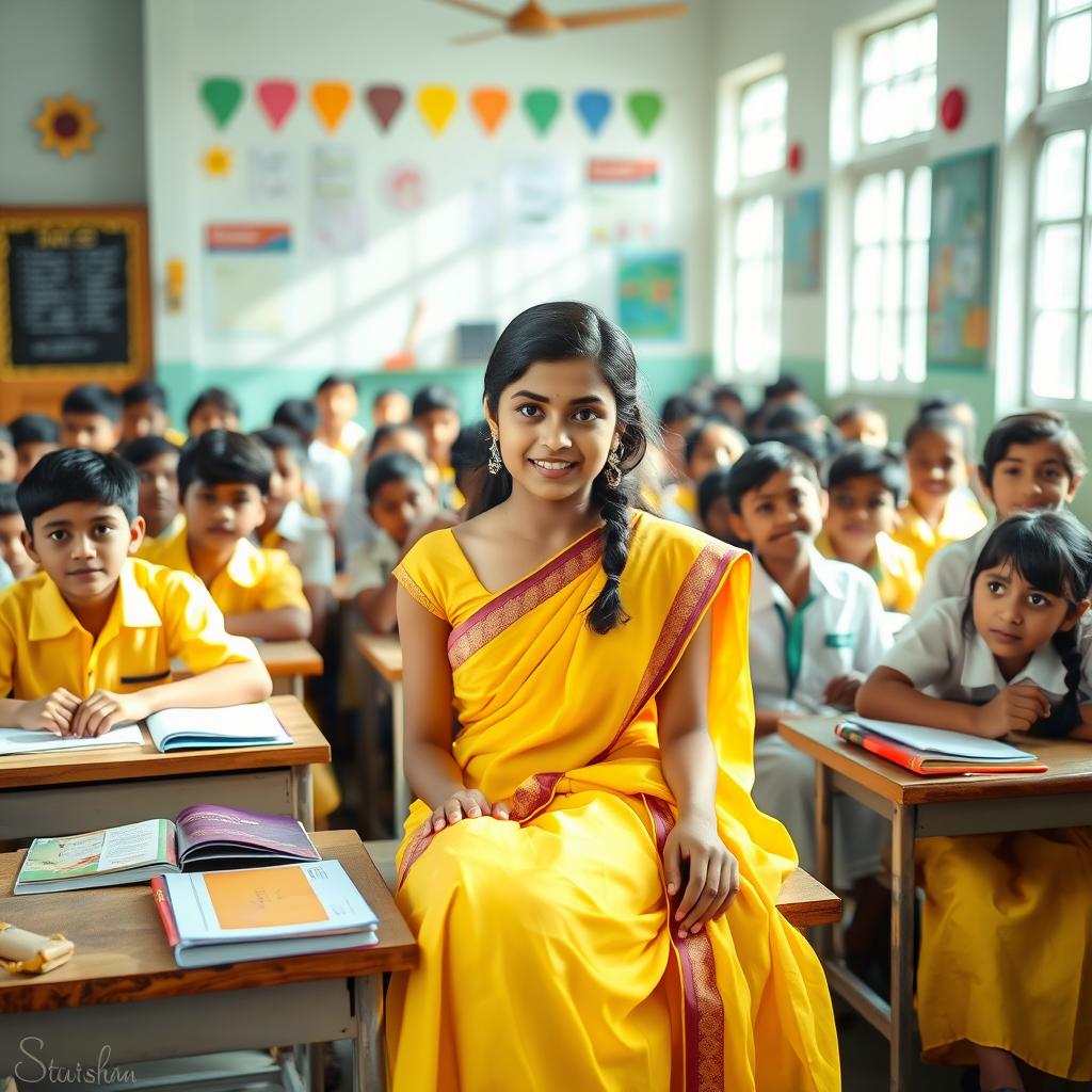 A school girl sitting in a classroom, elegantly wearing a yellow saree, exuding confidence and grace