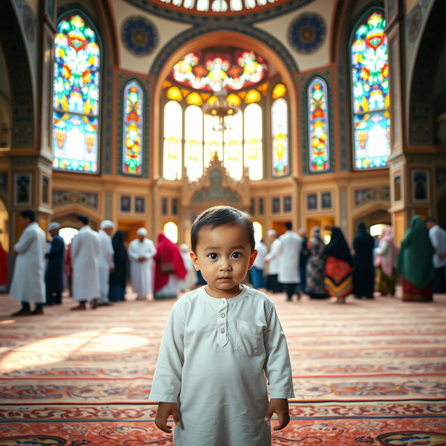 A child standing in the foreground of a beautiful mosque interior, surrounded by intricate Islamic architecture, includes stained glass windows casting colorful light onto the peaceful atmosphere