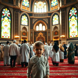 A child standing in the foreground of a beautiful mosque interior, surrounded by intricate Islamic architecture, includes stained glass windows casting colorful light onto the peaceful atmosphere