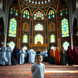 A child standing in the foreground of a beautiful mosque interior, surrounded by intricate Islamic architecture, includes stained glass windows casting colorful light onto the peaceful atmosphere