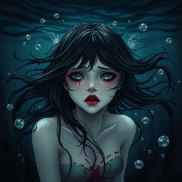 A girl with flowing black hair, her lips stained a deep crimson reminiscent of blood, depicting a haunting yet beautiful appearance