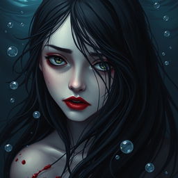 A girl with flowing black hair, her lips stained a deep crimson reminiscent of blood, depicting a haunting yet beautiful appearance