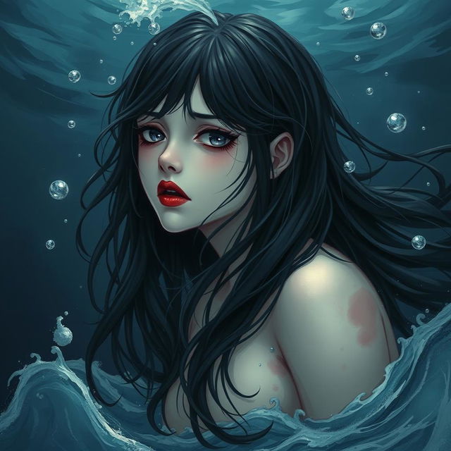 A girl with flowing black hair, her lips stained a deep crimson reminiscent of blood, depicting a haunting yet beautiful appearance