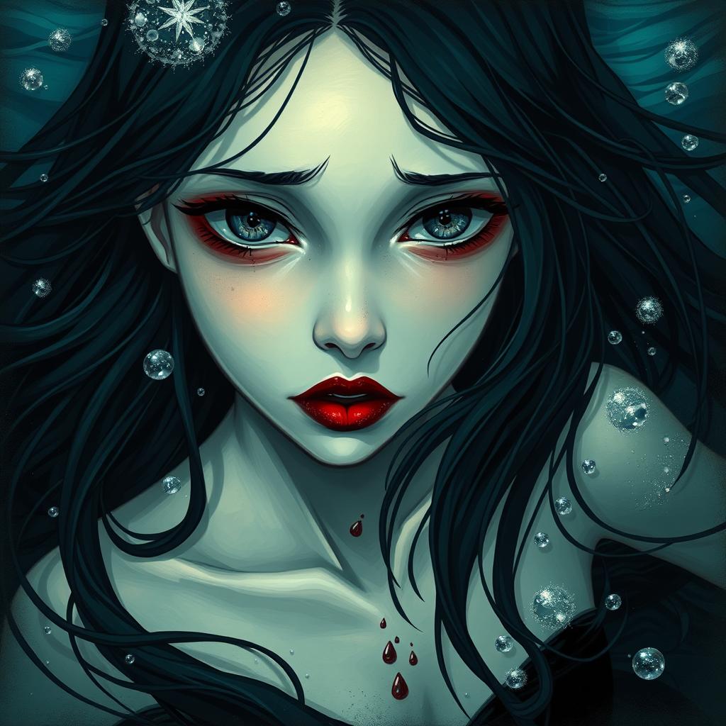 A girl with flowing black hair, her lips stained a deep crimson reminiscent of blood, depicting a haunting yet beautiful appearance