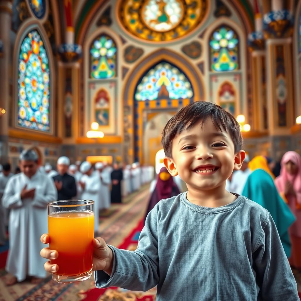 A child joyfully holding a glass of juice in the foreground, with a background that features the inside of a beautifully decorated mosque