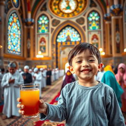 A child joyfully holding a glass of juice in the foreground, with a background that features the inside of a beautifully decorated mosque