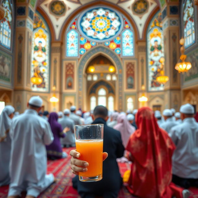 A child joyfully holding a glass of juice in the foreground, with a background that features the inside of a beautifully decorated mosque