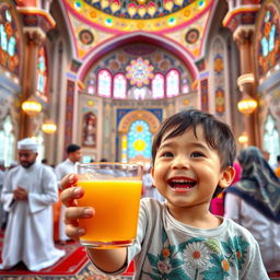 A child joyfully holding a glass of juice in the foreground, with a background that features the inside of a beautifully decorated mosque