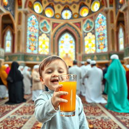 A child joyfully holding a glass of juice in the foreground, with a background that features the inside of a beautifully decorated mosque