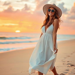 A stunning woman walking along a beautiful sandy beach, wearing a flowing white sundress that billows in the ocean breeze