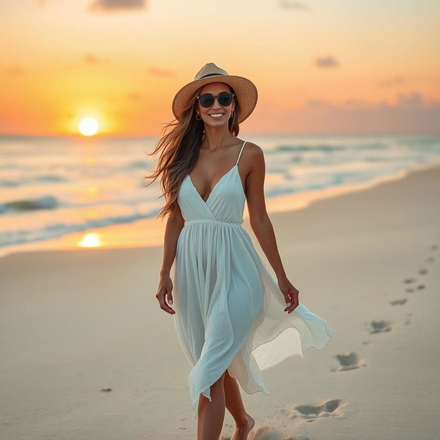 A stunning woman walking along a beautiful sandy beach, wearing a flowing white sundress that billows in the ocean breeze