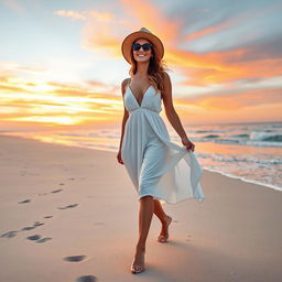 A stunning woman walking along a beautiful sandy beach, wearing a flowing white sundress that billows in the ocean breeze