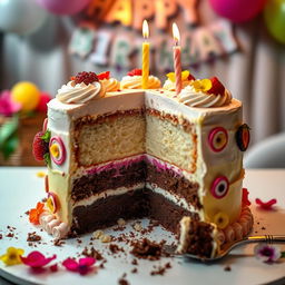 A half-eaten beautiful birthday cake with colorful icing and decadent layers revealing moist vanilla sponge and rich chocolate filling