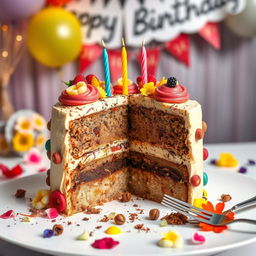 A half-eaten beautiful birthday cake with colorful icing and decadent layers revealing moist vanilla sponge and rich chocolate filling