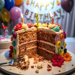 A half-eaten beautiful birthday cake with colorful icing and decadent layers revealing moist vanilla sponge and rich chocolate filling