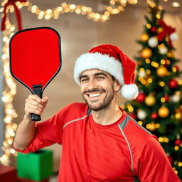 A cheerful man holding a pickleball paddle in one hand and wearing a festive Christmas hat