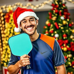 A cheerful man holding a pickleball paddle in one hand and wearing a festive Christmas hat