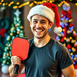 A cheerful man holding a pickleball paddle in one hand and wearing a festive Christmas hat