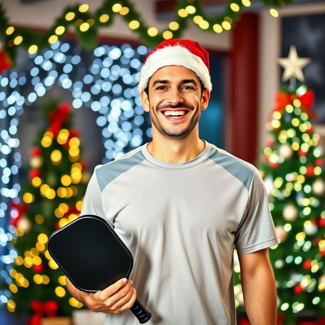 A cheerful man holding a pickleball paddle in one hand and wearing a festive Christmas hat