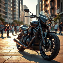 A powerful motorcycle, sleek and modern design, parked in an urban environment with city buildings in the background
