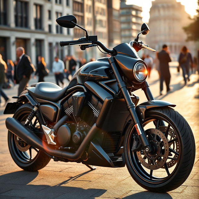 A powerful motorcycle, sleek and modern design, parked in an urban environment with city buildings in the background