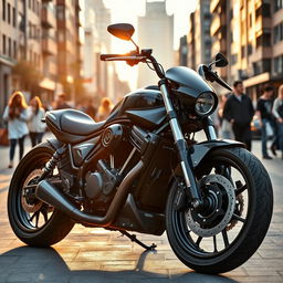 A powerful motorcycle, sleek and modern design, parked in an urban environment with city buildings in the background