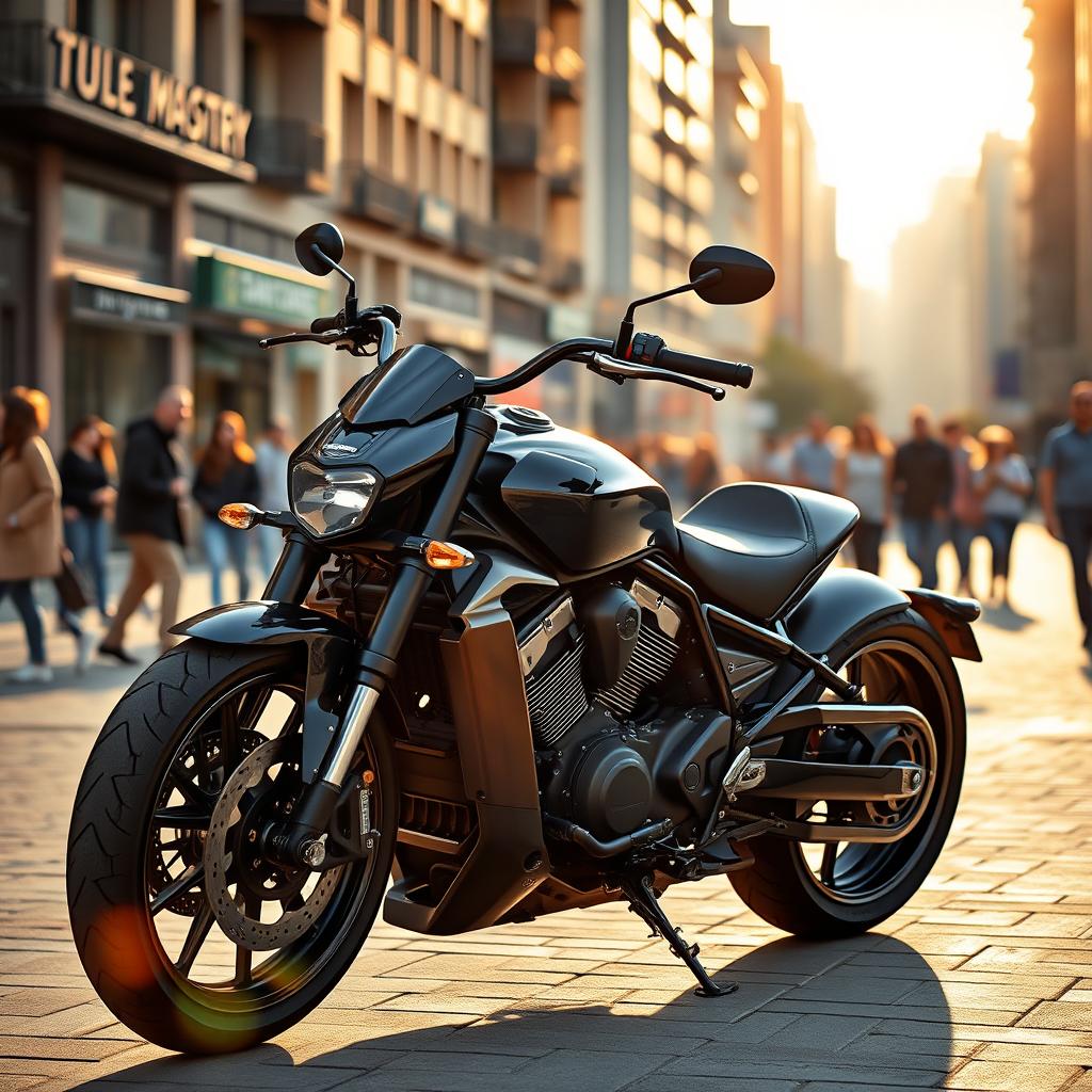 A powerful motorcycle, sleek and modern design, parked in an urban environment with city buildings in the background