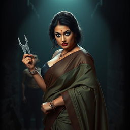 A sultry, hot, busty MILF aunty adorned in a beautiful saree with a low cut blouse, bent forward in an assertive and commanding pose