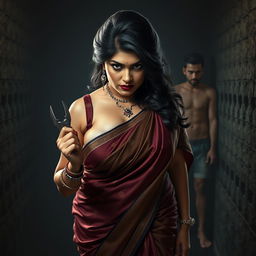 A sultry, hot, busty MILF aunty adorned in a beautiful saree with a low cut blouse, bent forward in an assertive and commanding pose